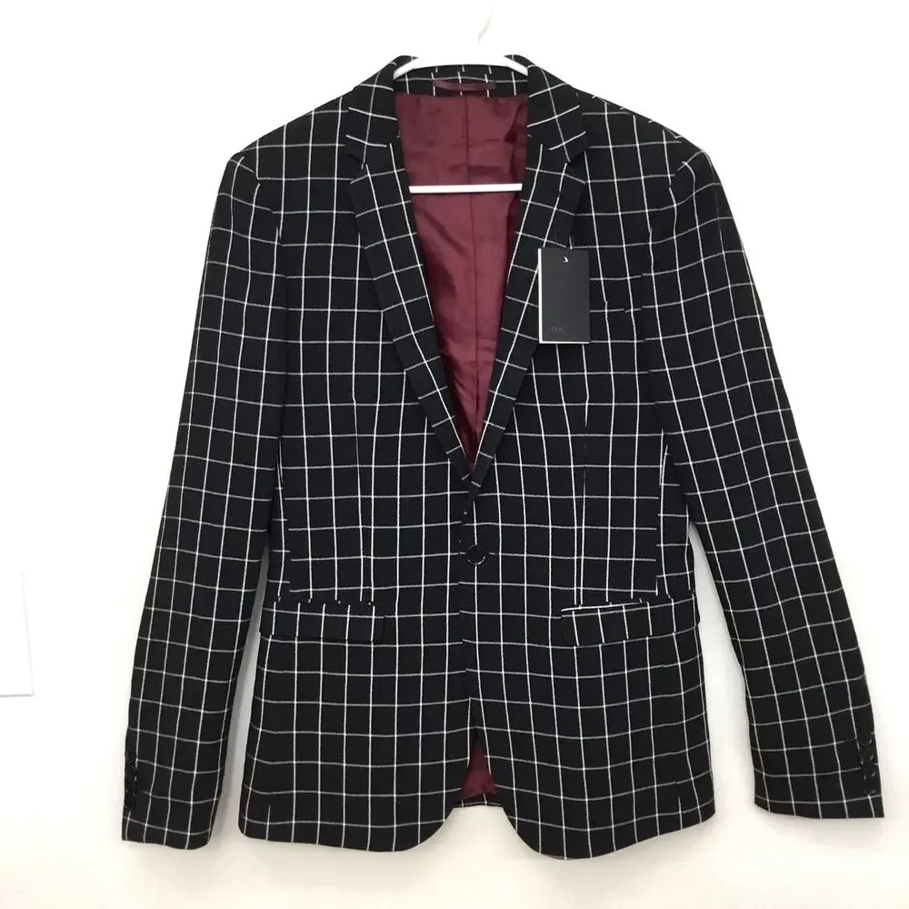 ASOS Black and white checkered slim-fit Blazer Suit with Embroidery Sz 38
